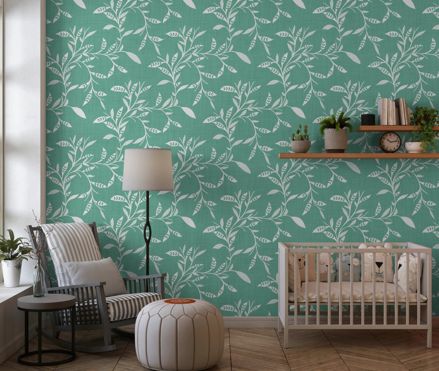 Nursery updated with Sage Mint craft blender wallpaper and gentle shelf styling, GD8544