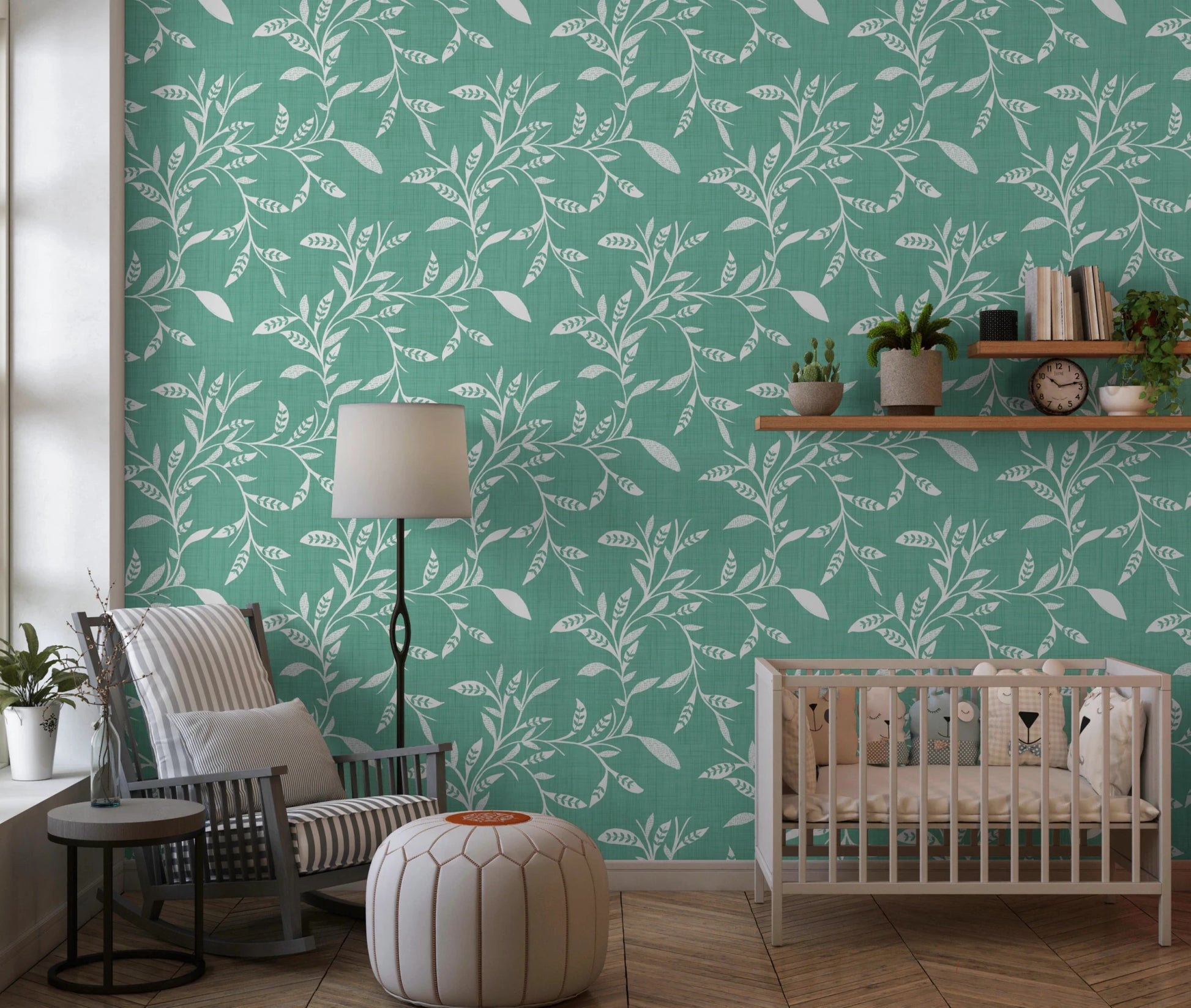 Nursery updated with Sage Mint craft blender wallpaper and gentle shelf styling, GD8544