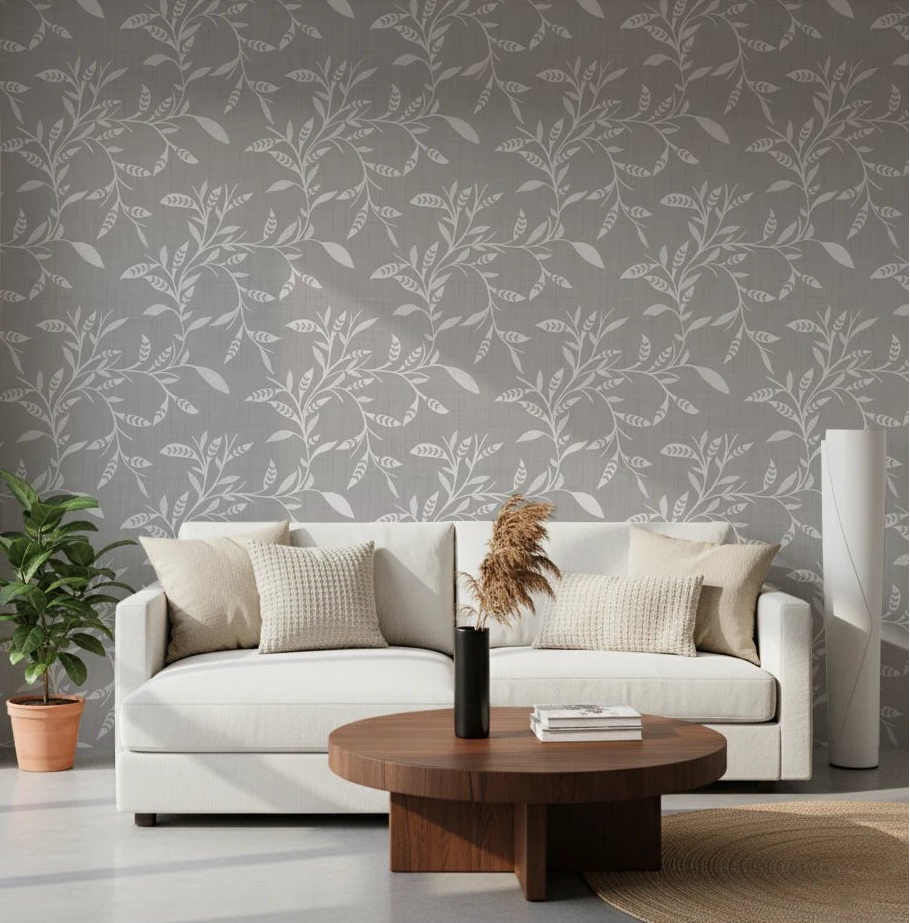 Warm sofa area styled in Cozy Scandi Folk Leaf Vine Warm Linen wallpaper charm, GD8545