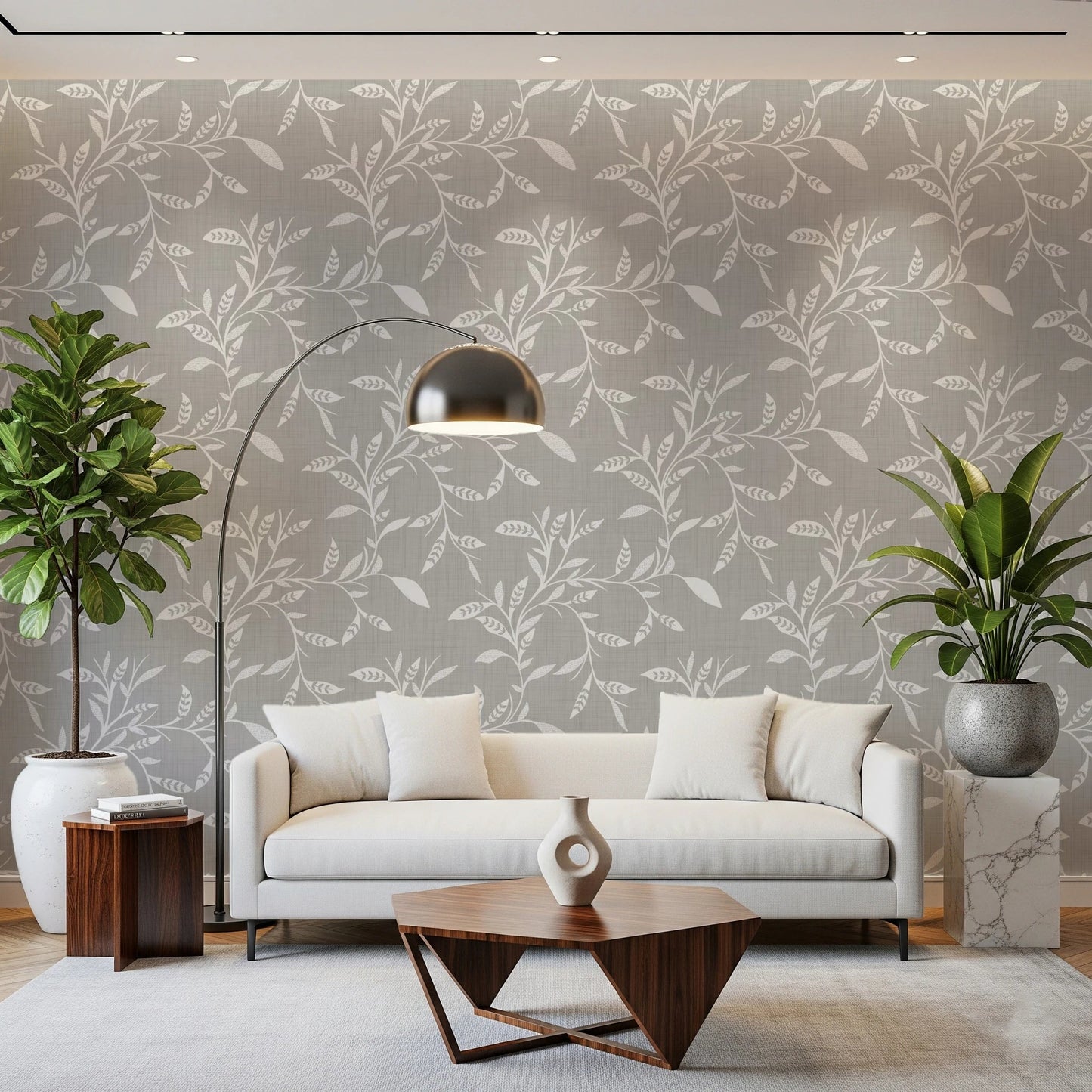 Relaxed interior lifted by Warm Linen craft blender wallpaper with leafy flow, GD8545