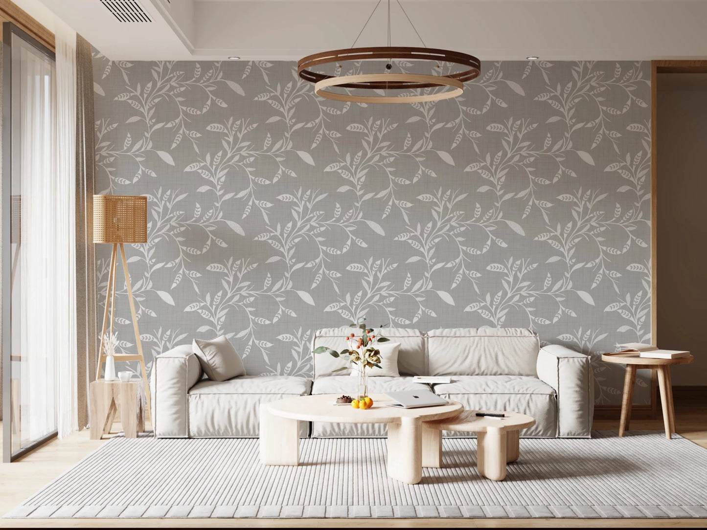 Rustic sitting space softened by Cozy Scandi Folk Leaf Vine Warm Linen wallpaper, GD8545