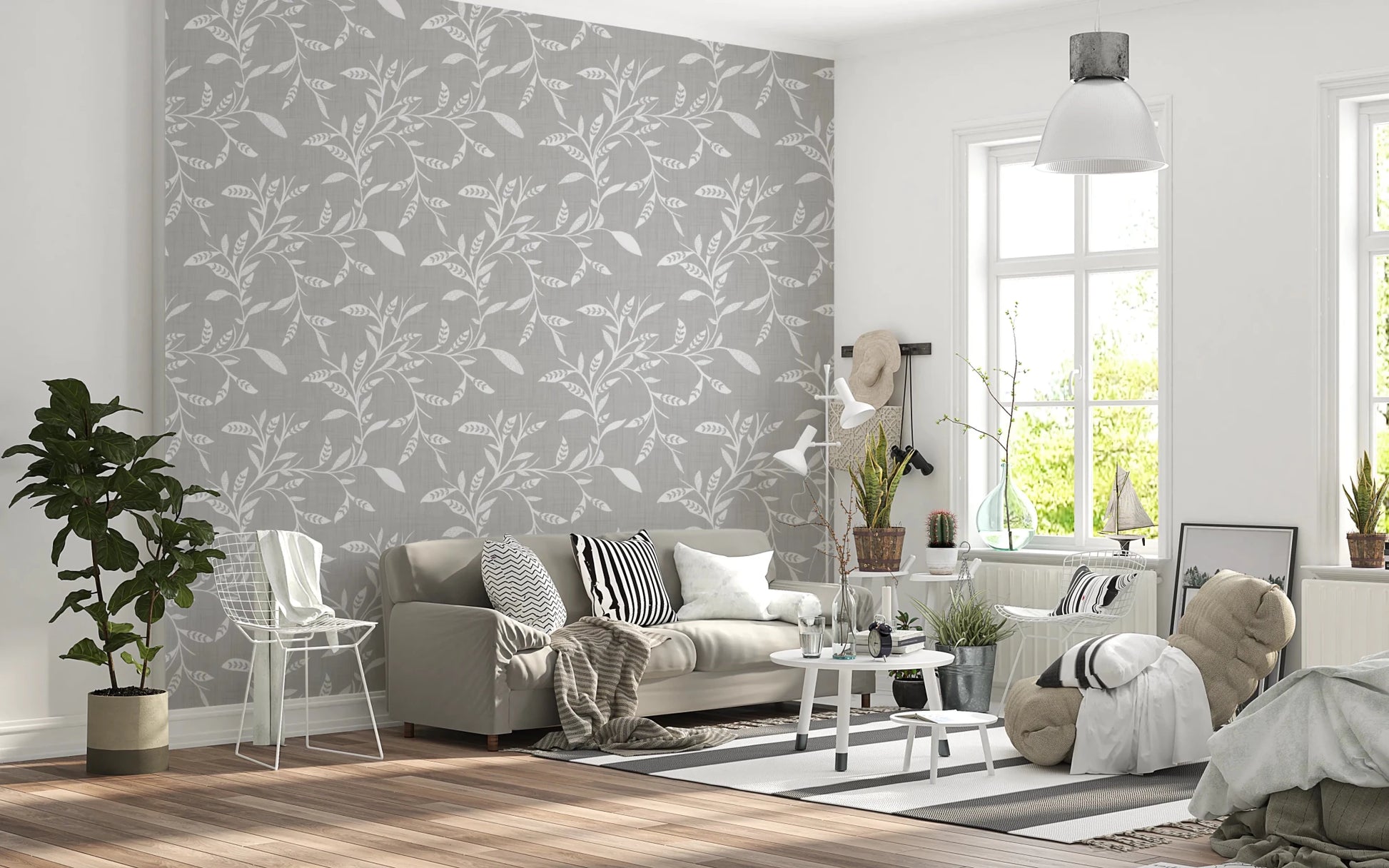 Window-side nook brightened by this warm linen leaf vine wallpaper backdrop, GD8545
