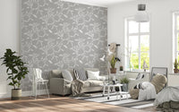 Window-side nook brightened by this warm linen leaf vine wallpaper backdrop, GD8545