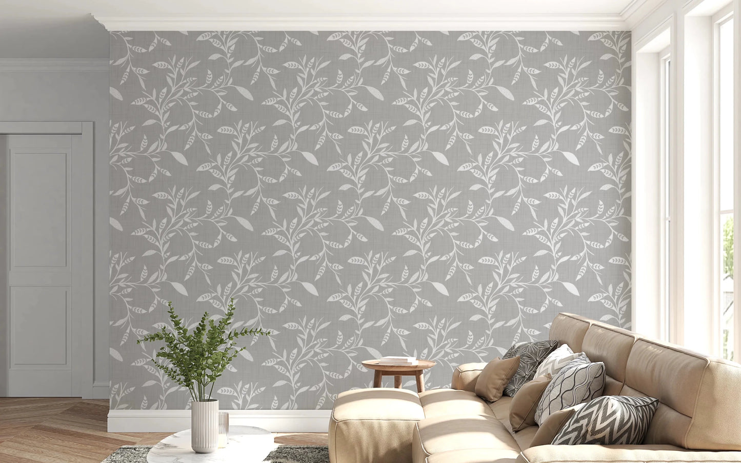 Soft lounge corner styled with Cozy Scandi Folk Leaf Vine Warm Linen wallpaper, GD8545