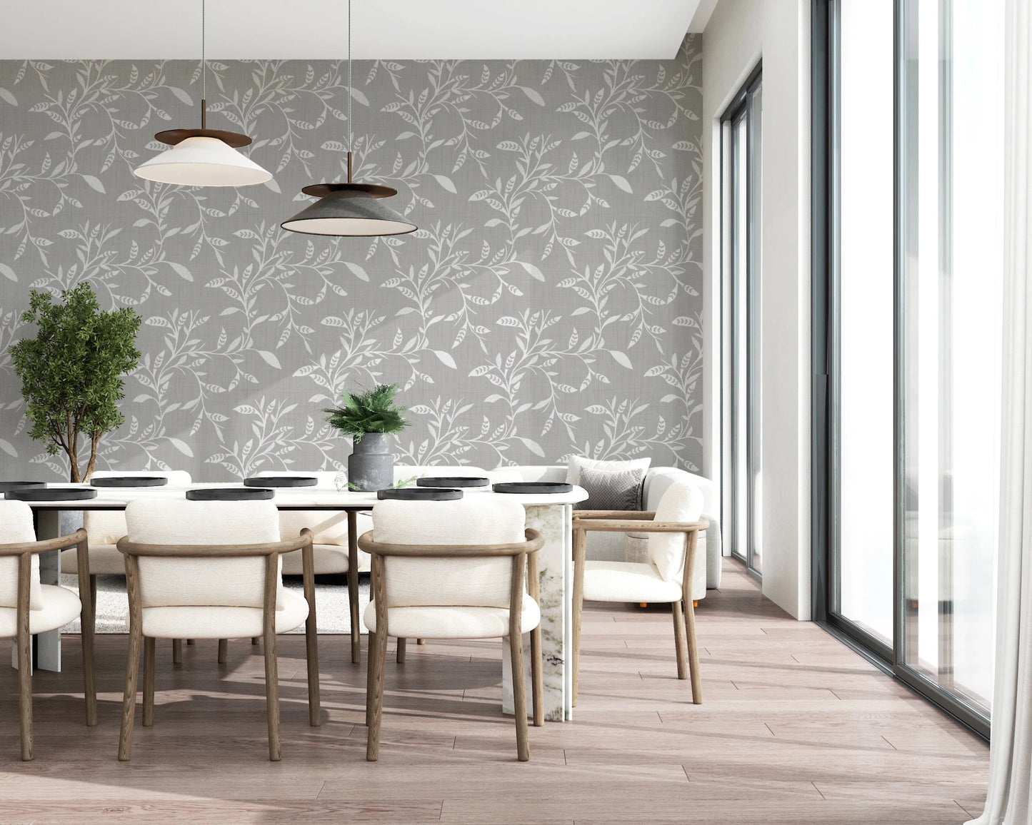 Dining area updated with Warm Linen craft blender wallpaper and wood accents, GD8545