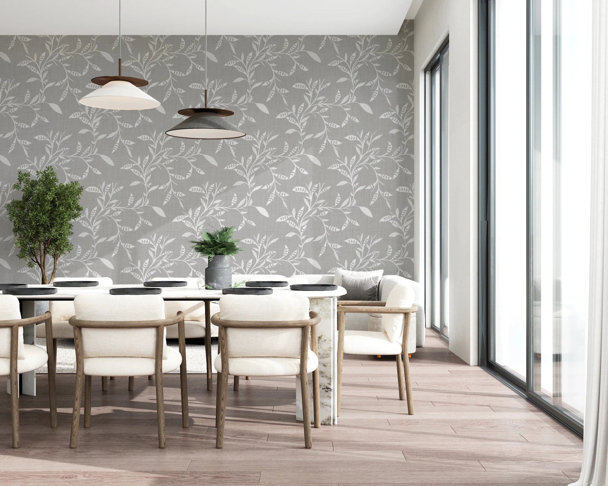 Dining area updated with Warm Linen craft blender wallpaper and wood accents, GD8545