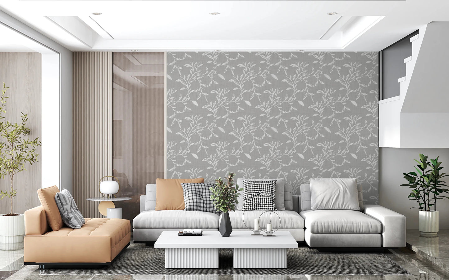 Open living room finished in Warm Linen craft blender wallpaper with pale seating, GD8545