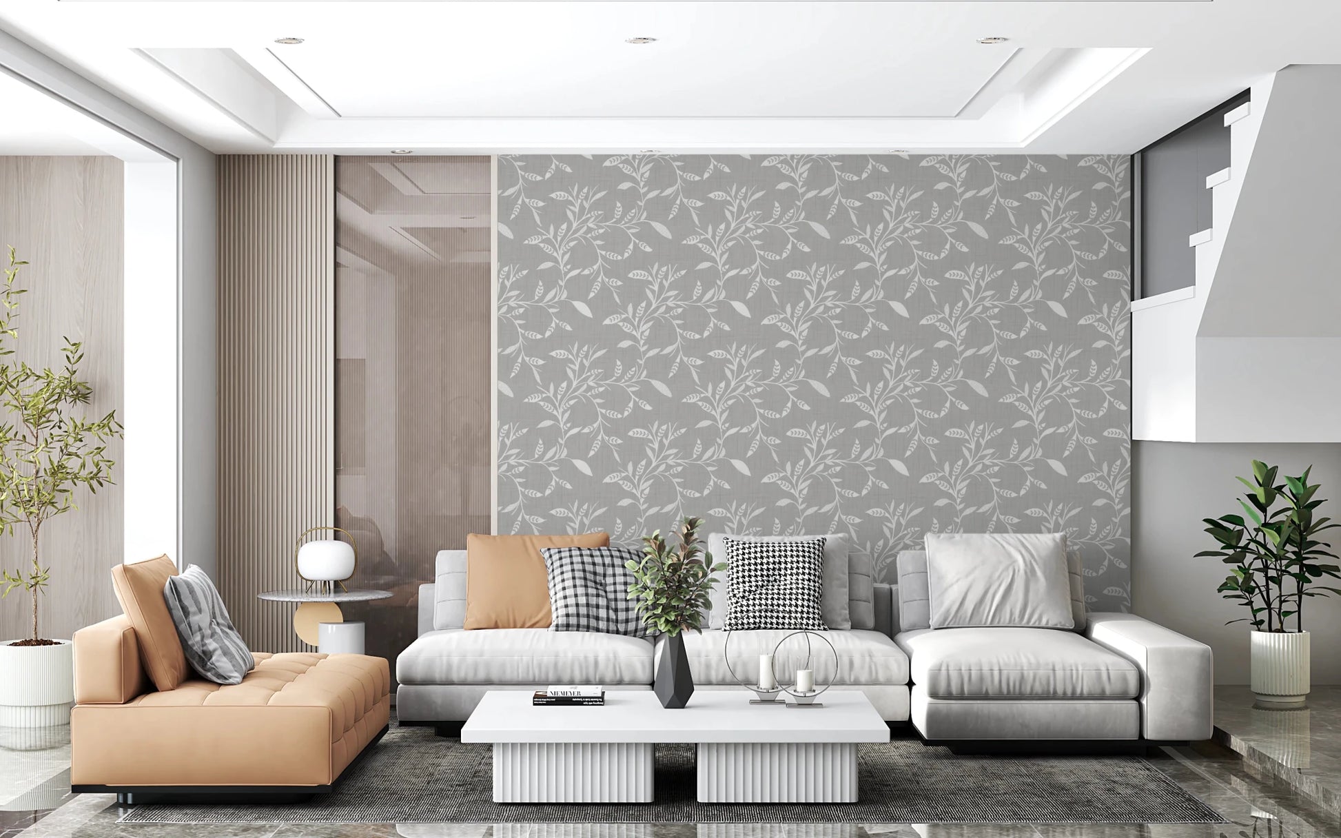 Open living room finished in Warm Linen craft blender wallpaper with pale seating, GD8545
