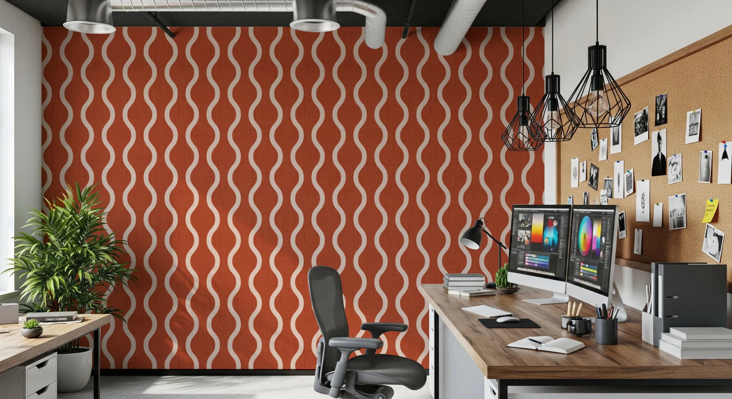 Cozy Scandi Folk Wavy Stripe Burnt Terracotta - Craft Stripe Wallpaper⁠