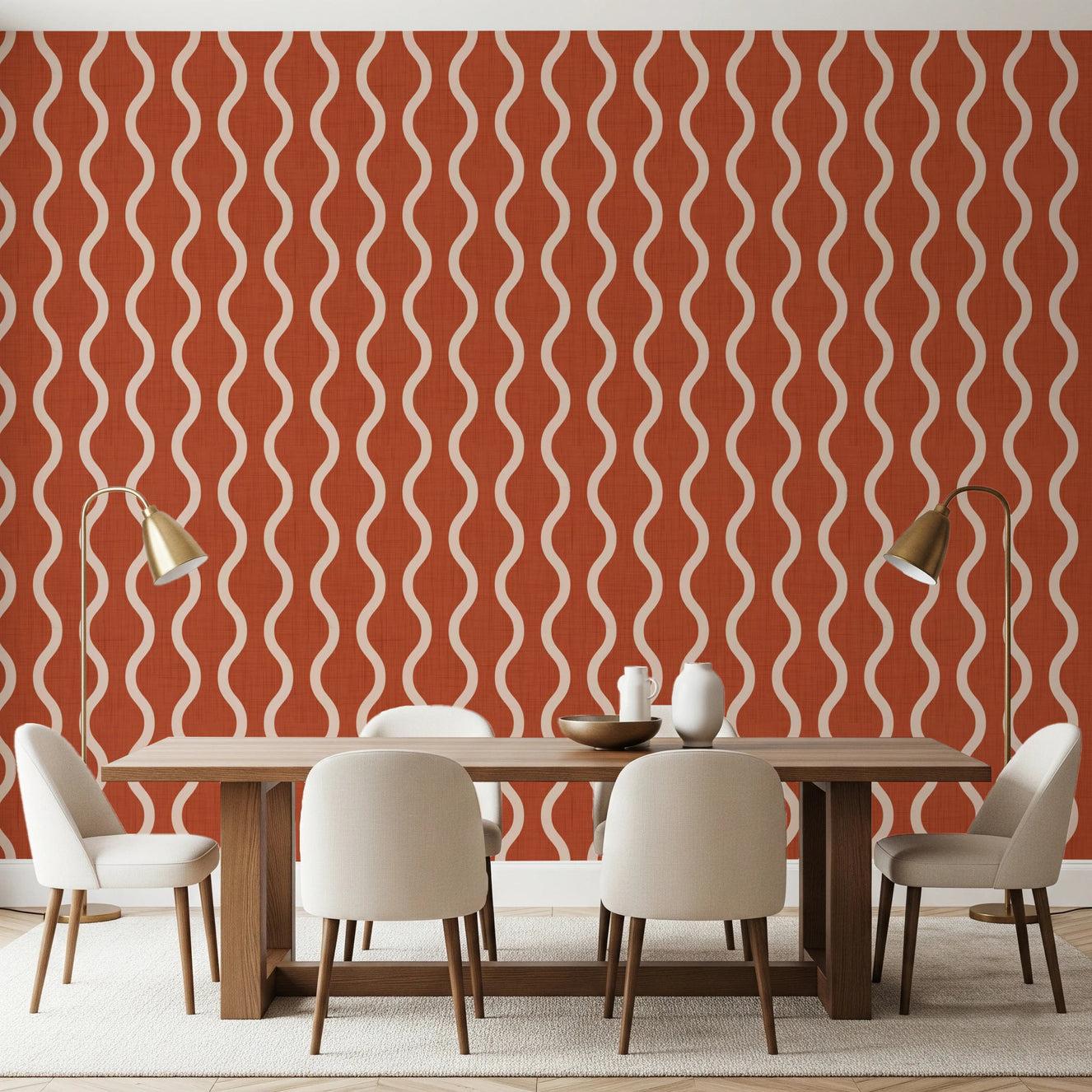 Dining room with Wavy Stripe Burnt Terracotta Wallpaper in Scandi style