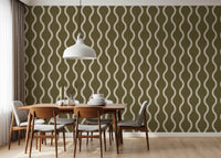 Dining room featuring Scandi Folk Wavy Wallpaper in muted olive tone, GD8532