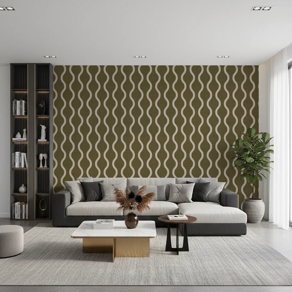 Living room with Wavy Stripe Earthy Olive Wallpaper in soft Scandi style, GD8532