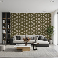 Living room with Wavy Stripe Earthy Olive Wallpaper in soft Scandi style, GD8532