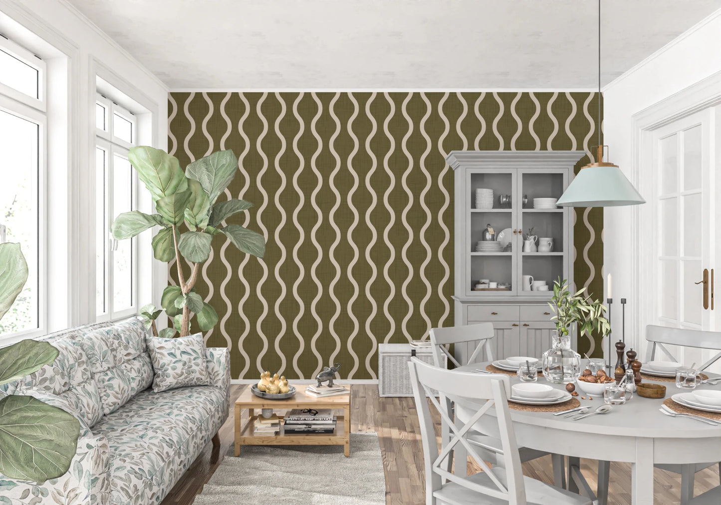 Hallway with Earthy Olive Stripe Wallpaper and curved cream pattern, GD8532
