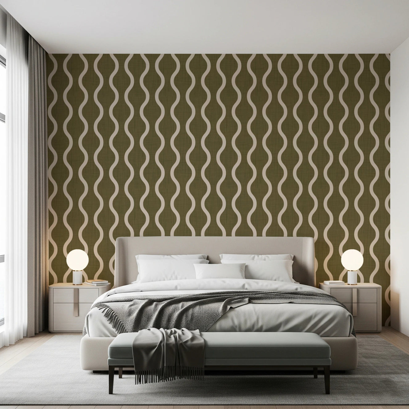 Bedroom styled using Craft Stripe Olive Wallpaper with flowing wave lines