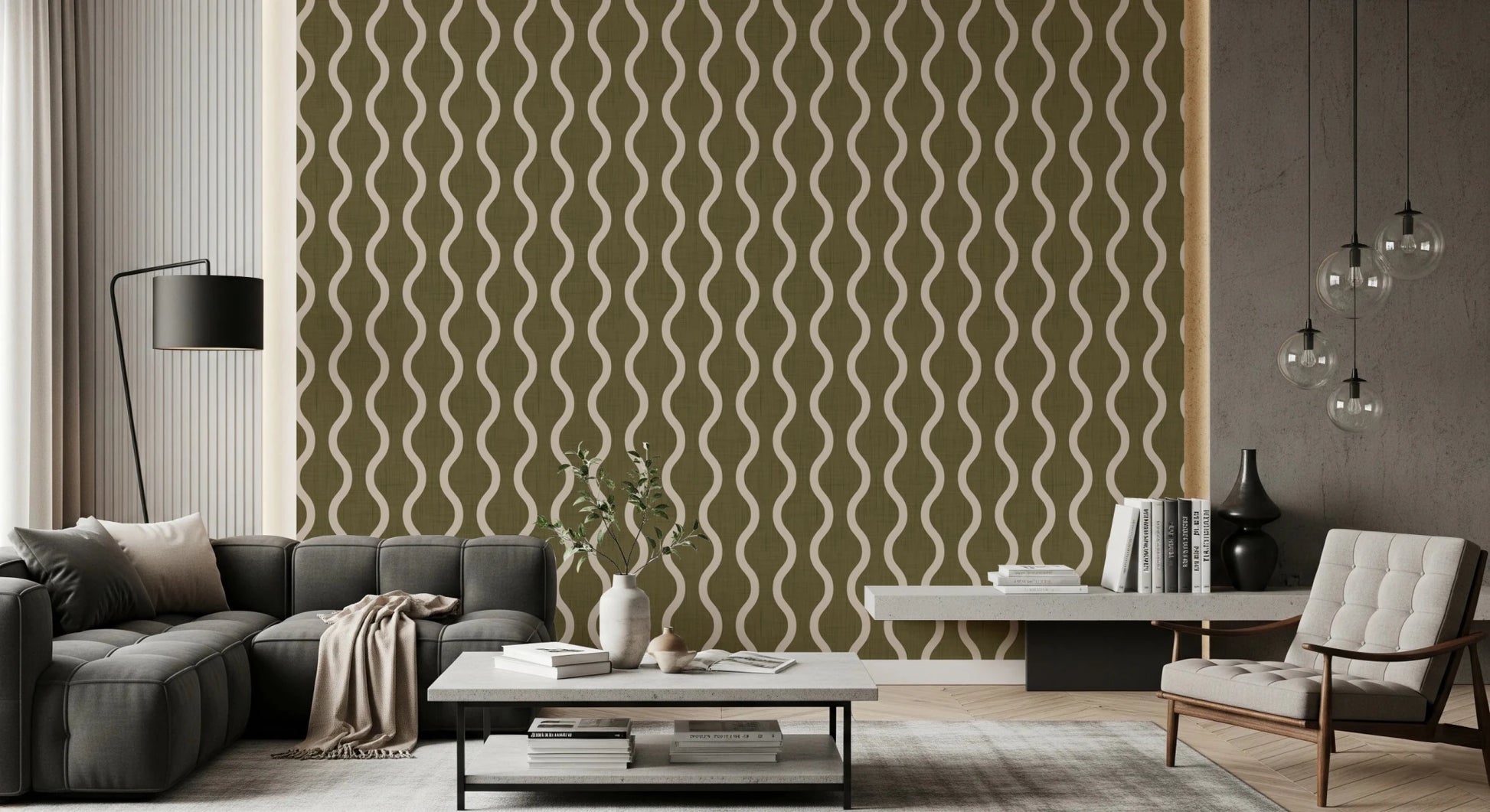 Minimal curved stripe design on Earthy Olive Wallpaper with calm contrast, GD8532