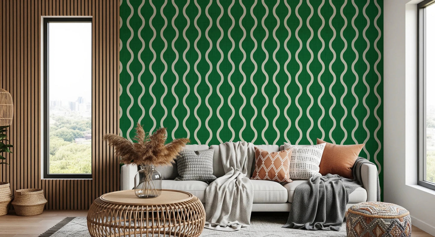 Soft flowing lines across Craft Stripe Wallpaper in rich green tone
