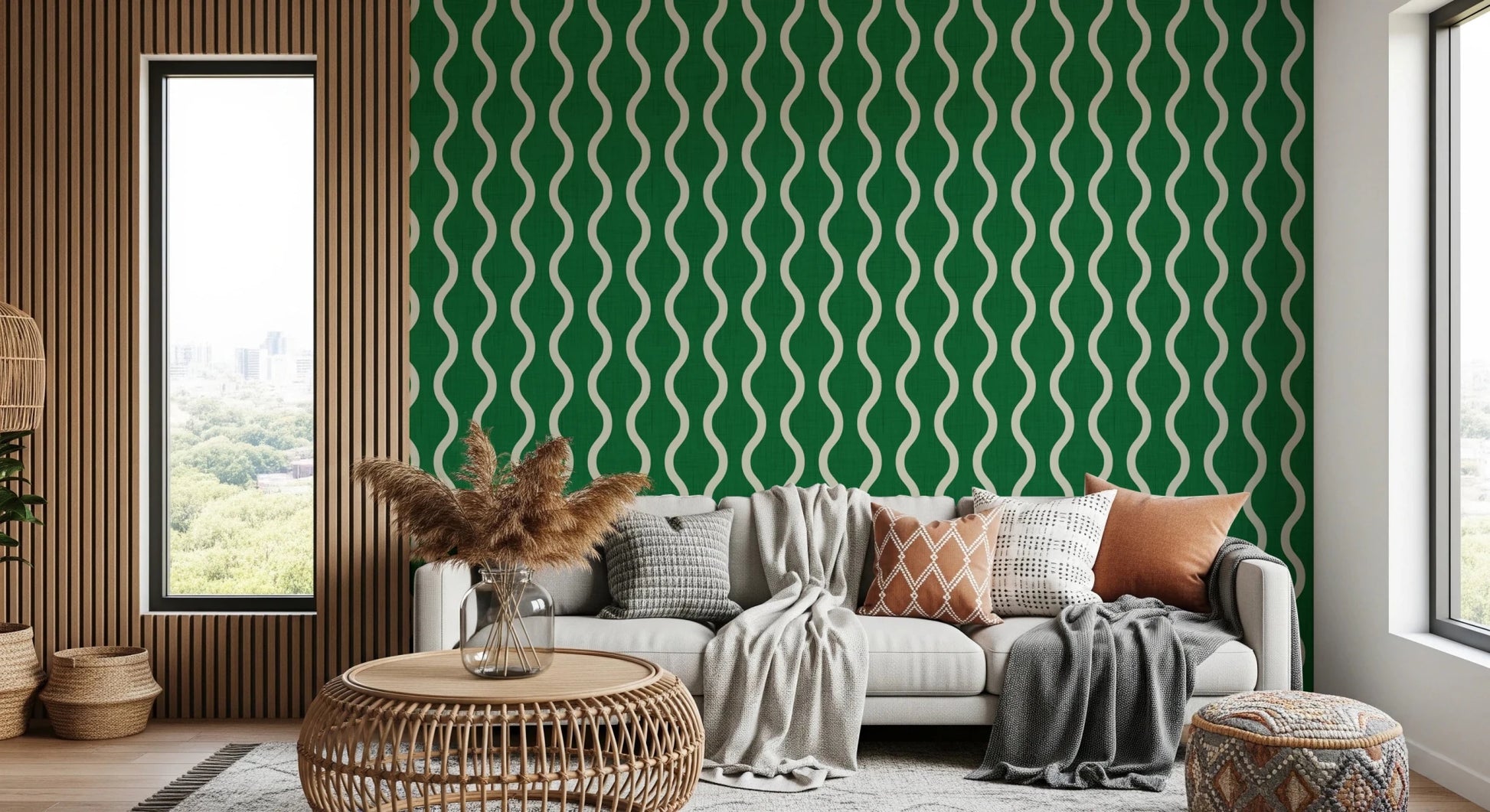 Soft flowing lines across Craft Stripe Wallpaper in rich green tone