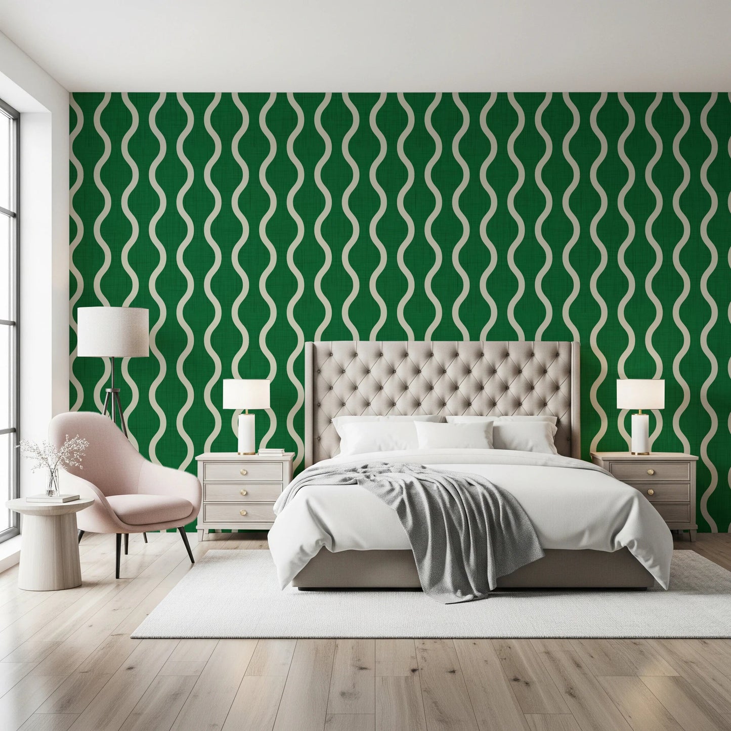 Scandi-inspired wave pattern in Wavy Stripe Green Wallpaper design