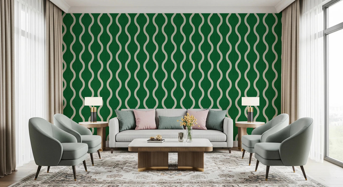 Cream wave motif on Wavy Stripe Wallpaper with green textured base