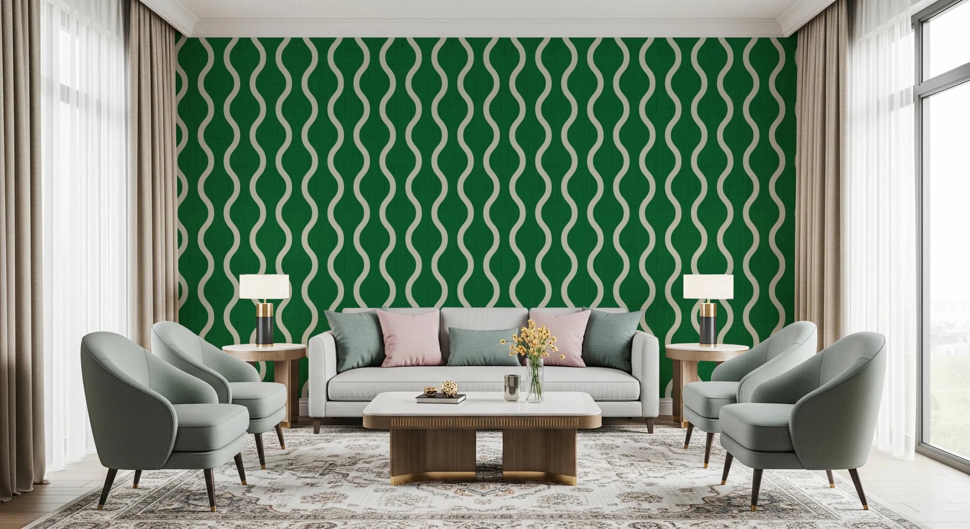 Cream wave motif on Wavy Stripe Wallpaper with green textured base