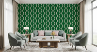 Cream wave motif on Wavy Stripe Wallpaper with green textured base