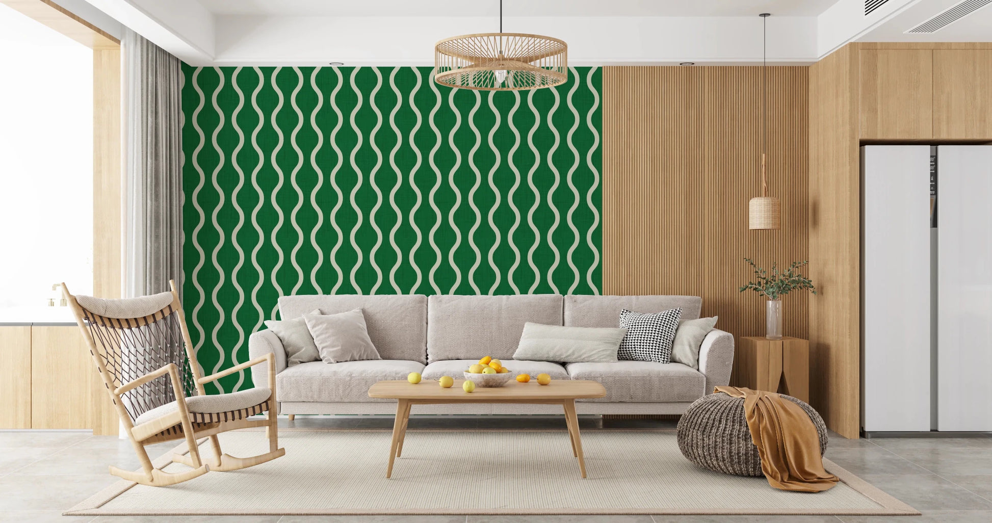 Minimal curved stripe design on Forest Green Wallpaper with texture