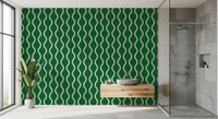 Bathroom with Wavy Stripe Forest Green Wallpaper in soft Scandi style