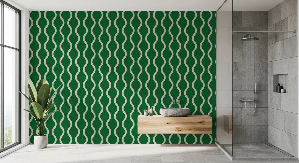 Bathroom with Wavy Stripe Forest Green Wallpaper in soft Scandi style, GD8534