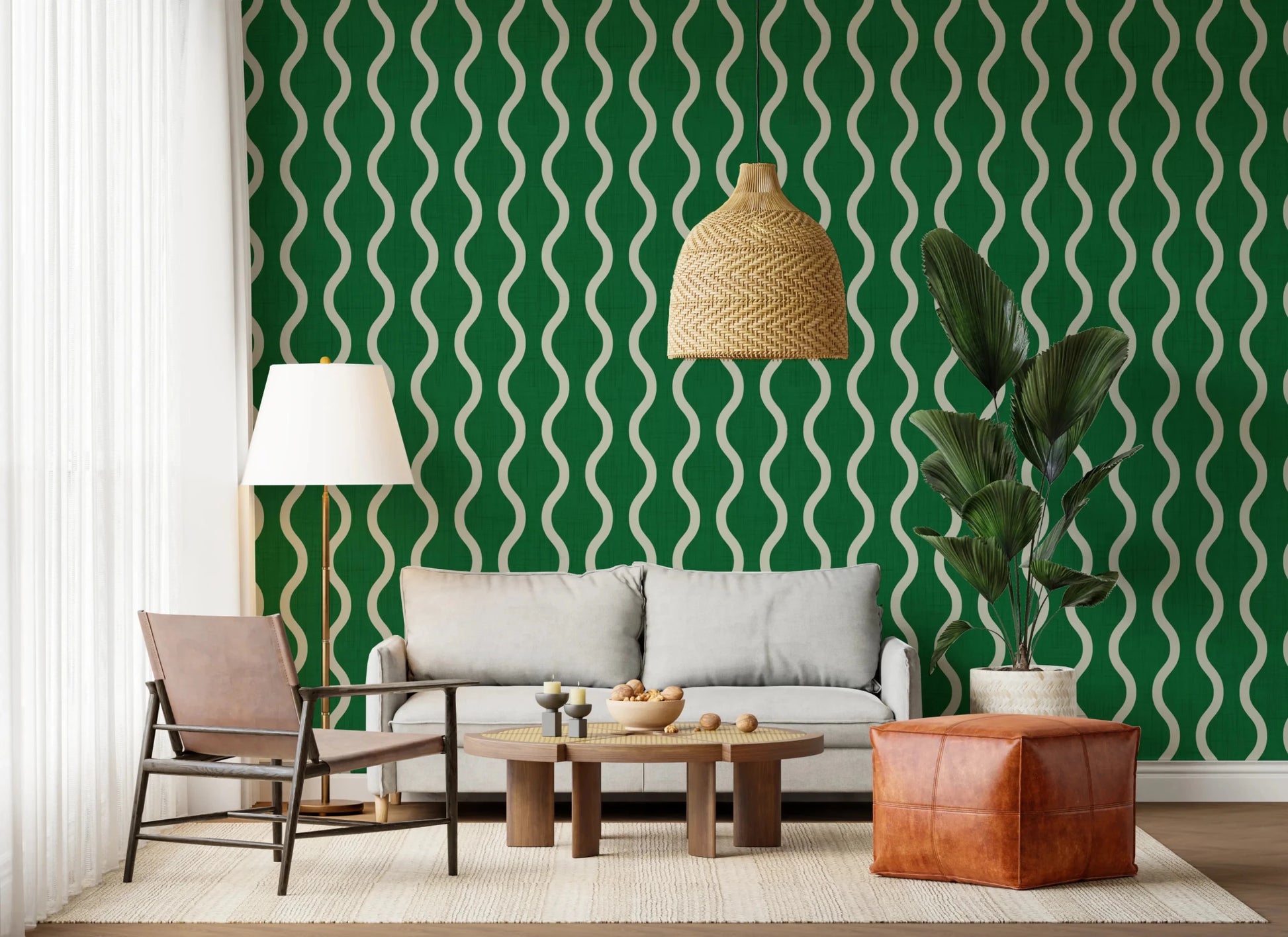 Living room with Forest Green Stripe Wallpaper and curved pattern
