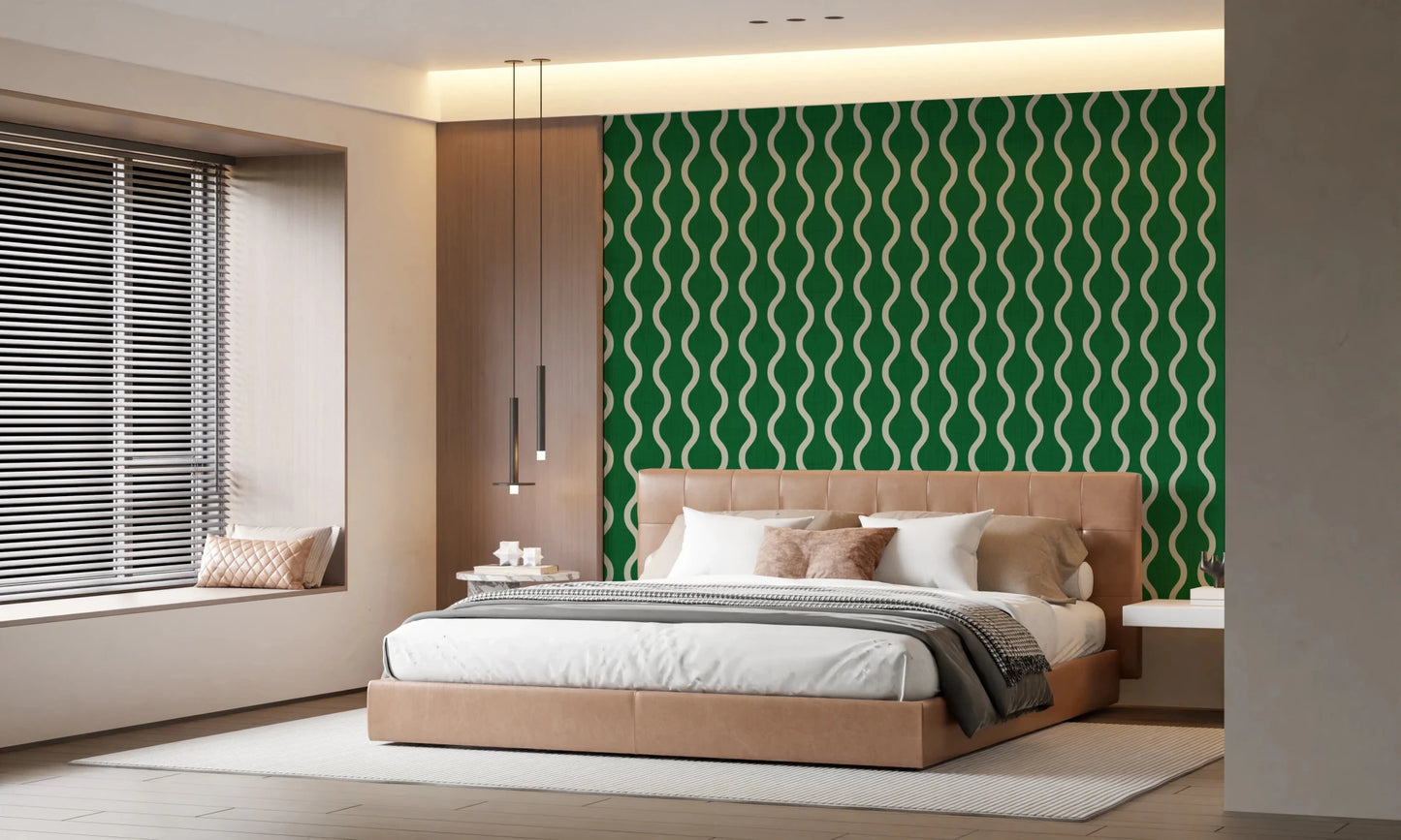 Repeating curved lines on Craft Stripe Wallpaper with deep green base