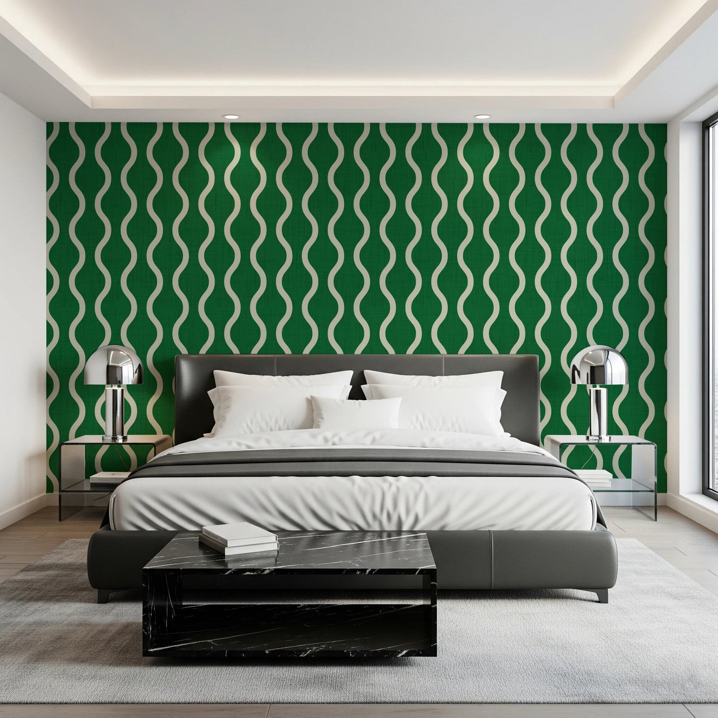 Bedroom featuring Scandi Folk Wavy Wallpaper in deep forest green