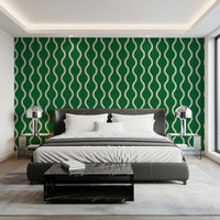 Bedroom featuring Scandi Folk Wavy Wallpaper in deep forest green