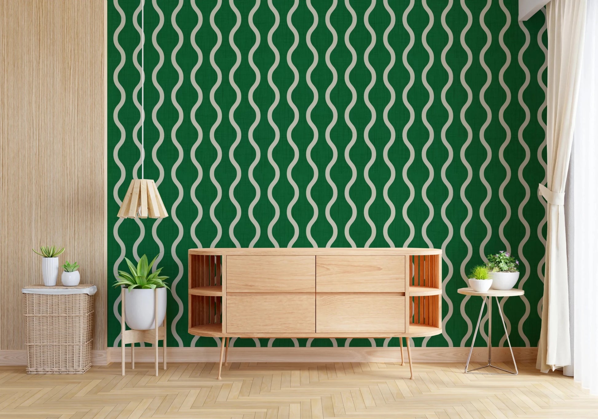 Hallway styled using Craft Stripe Green Wallpaper with flowing lines