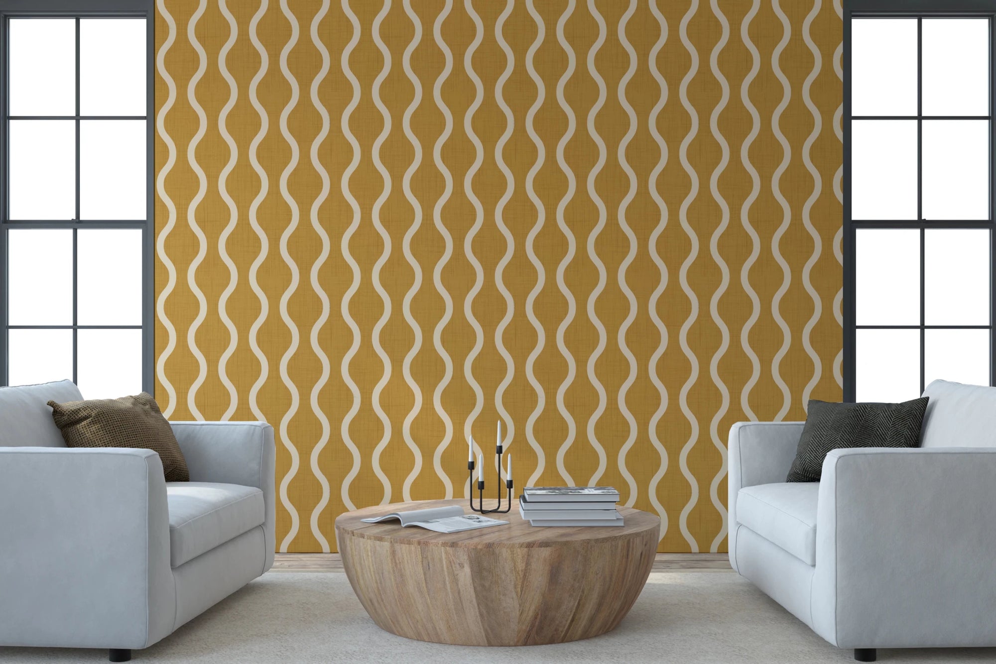 Hallway with Wavy Stripe Honey Mustard Wallpaper in Scandi style, GD8533