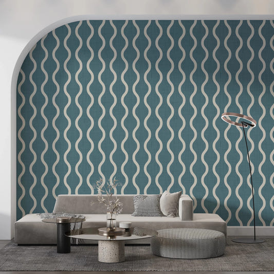 Living room with Wavy Stripe Nordic Blue Grey Wallpaper in Scandi style