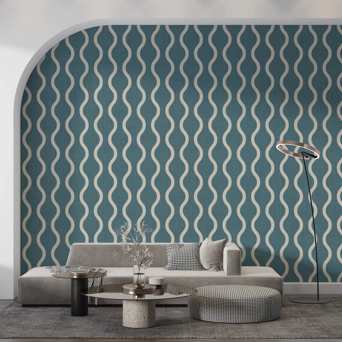 Living room with Wavy Stripe Nordic Blue Grey Wallpaper in Scandi style, GD8526
