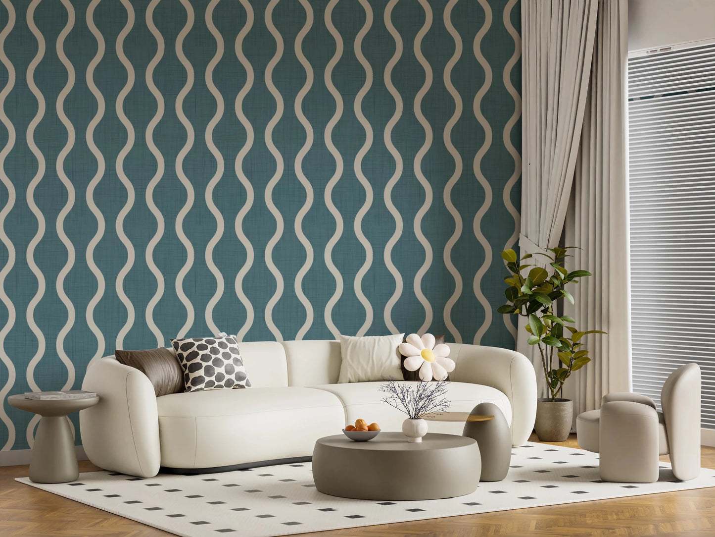 Hallway styled in Scandi Folk Wavy Wallpaper with cool muted tones, GD8526