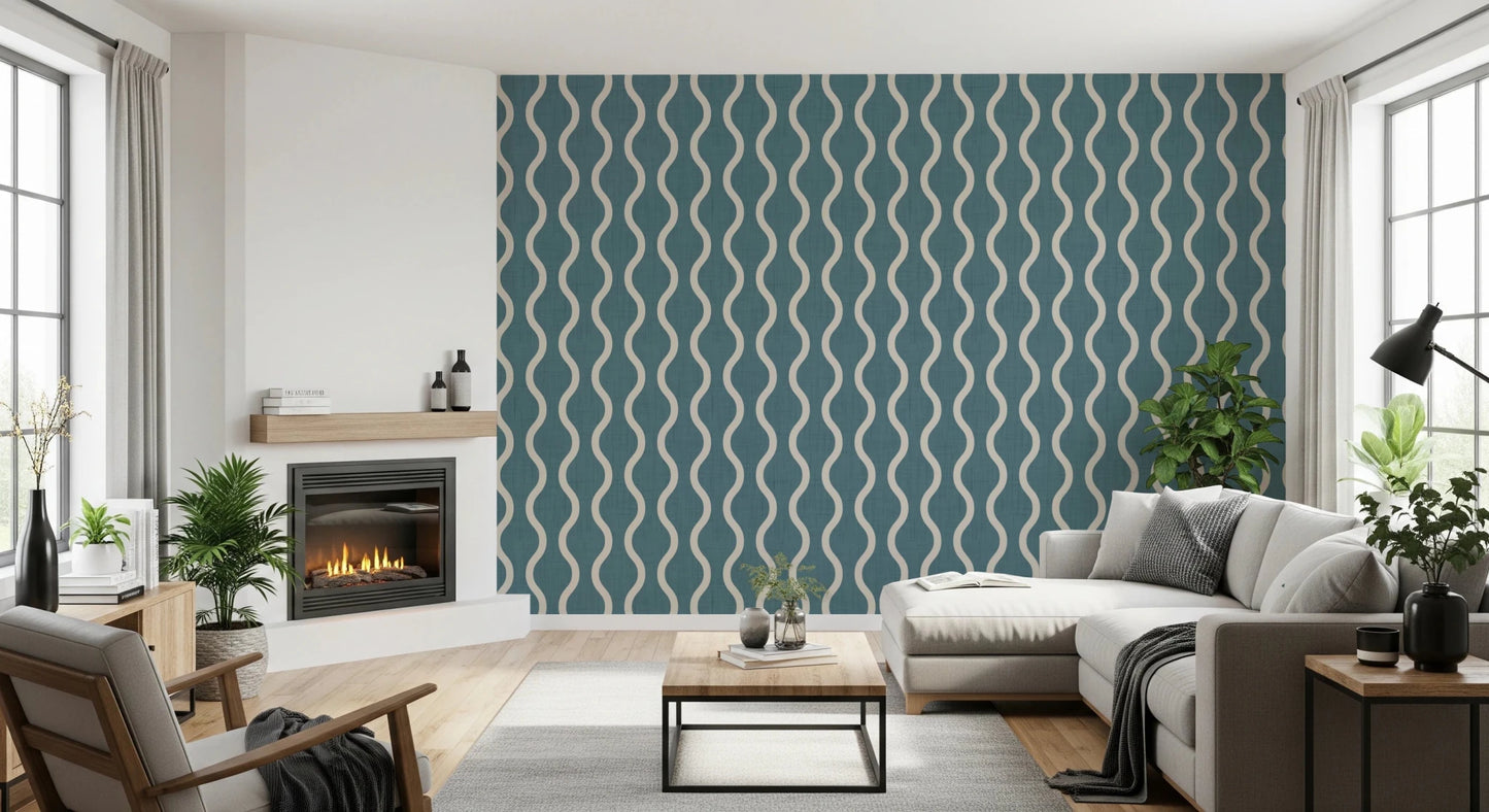 Living room with Nordic Blue Grey Stripe Wallpaper and soft wave pattern, GD8526