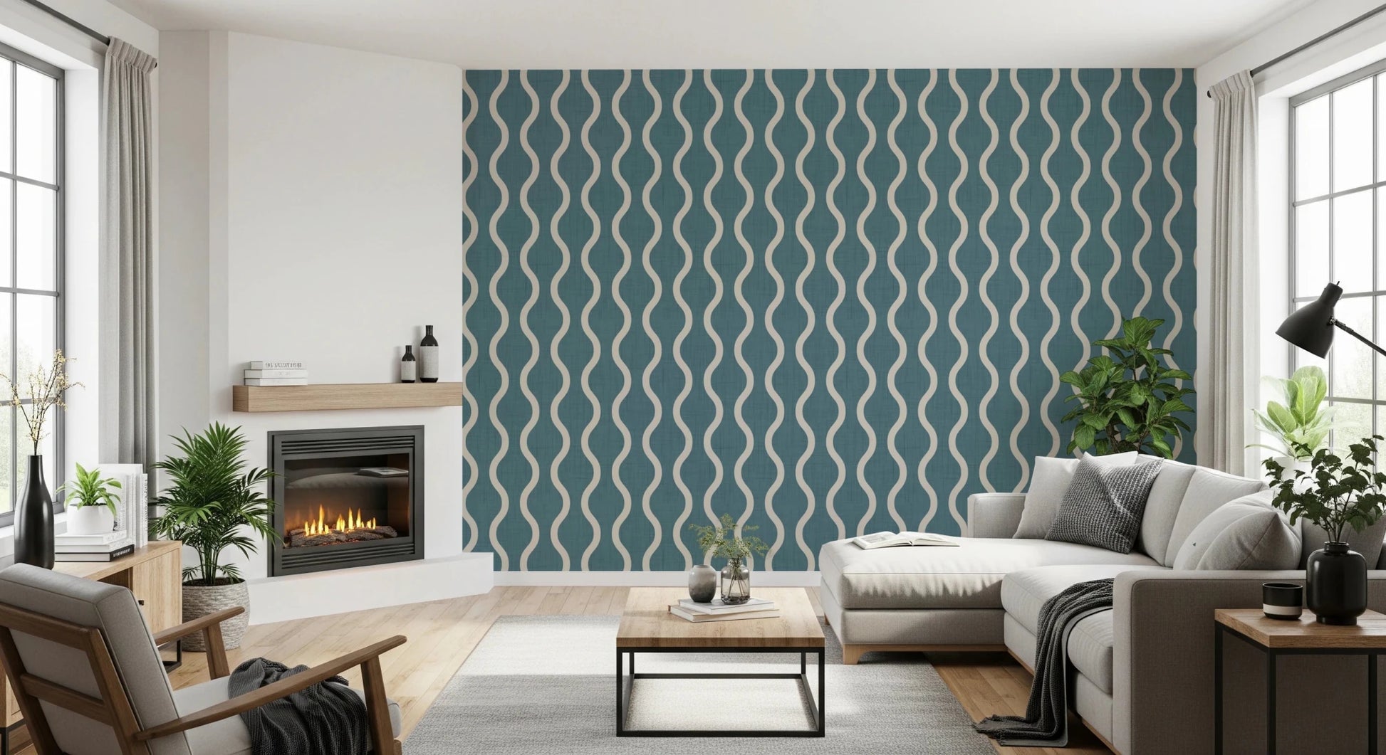 Living room with Nordic Blue Grey Stripe Wallpaper and soft wave pattern, GD8526