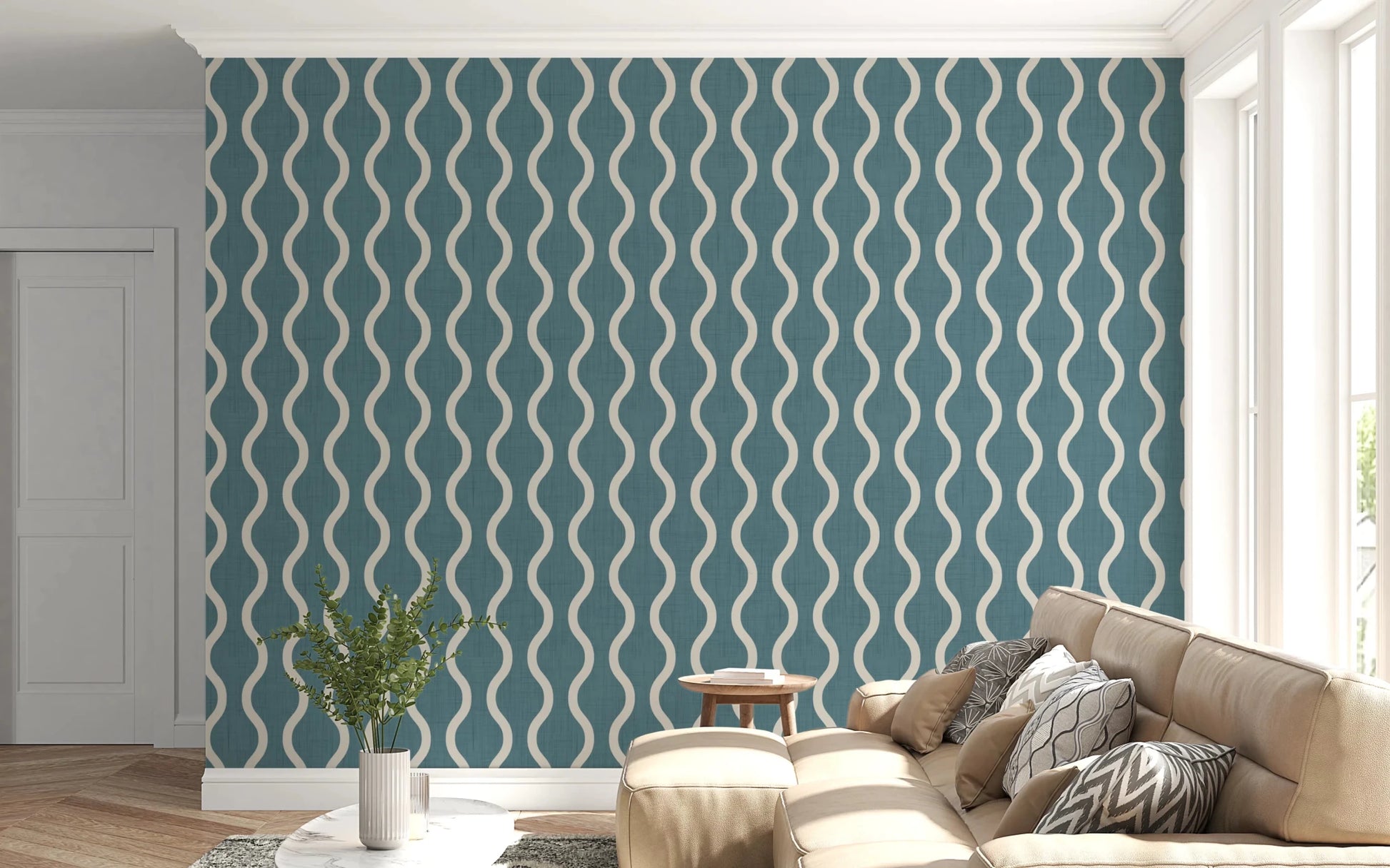 Flowing cream lines on Wavy Stripe Blue Grey Wallpaper with texture, GD8526