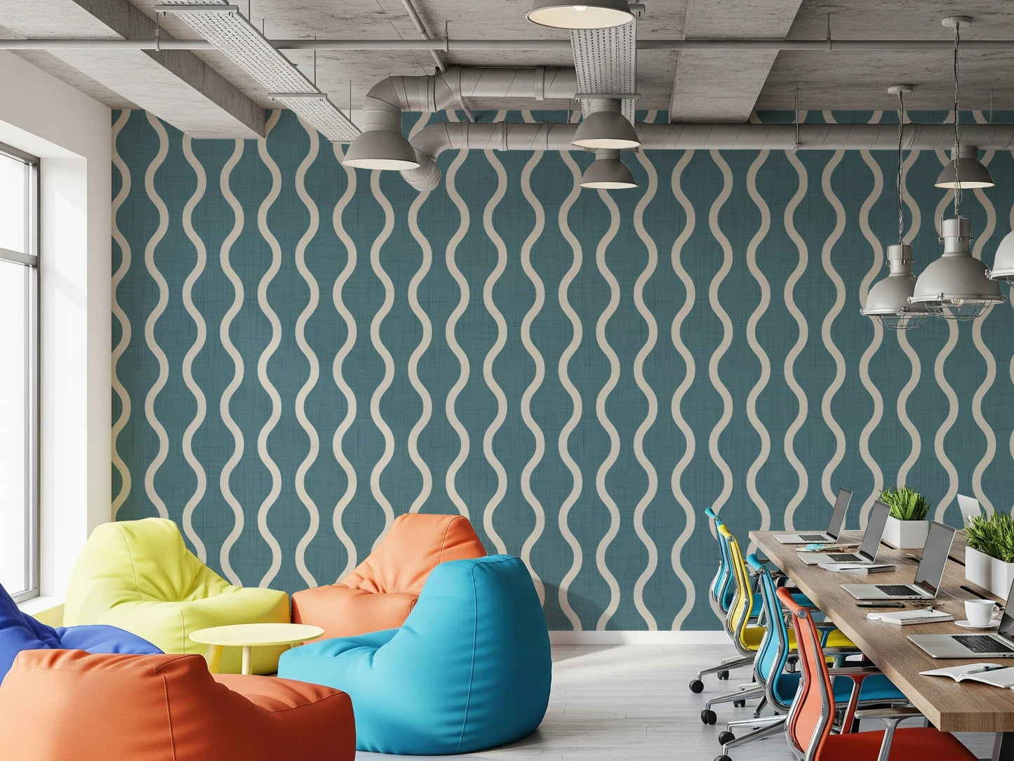 Curved stripe repeat across Blue Grey Wallpaper with soft contrast, GD8526