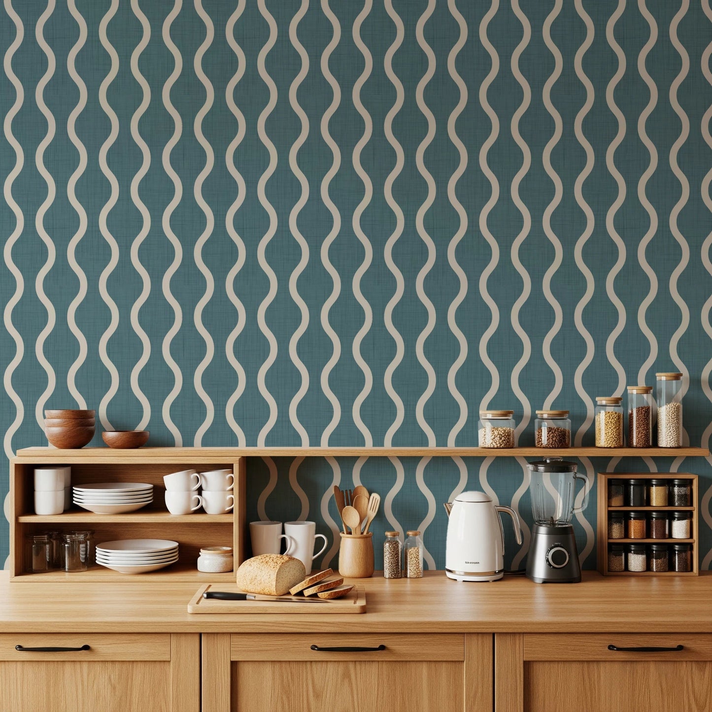 Modern wall detail in Craft Stripe Wallpaper with muted Nordic tone, GD8526