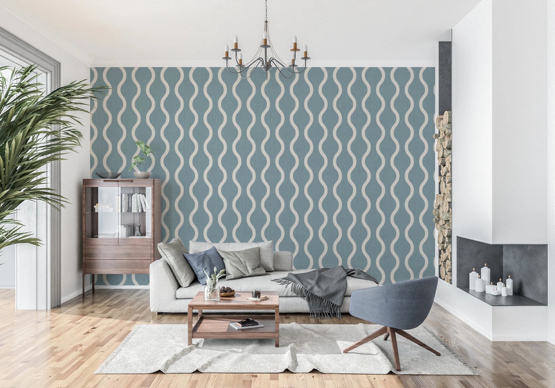 Cream wave bands on Wavy Stripe Wallpaper with blue grey textured base, GD8526
