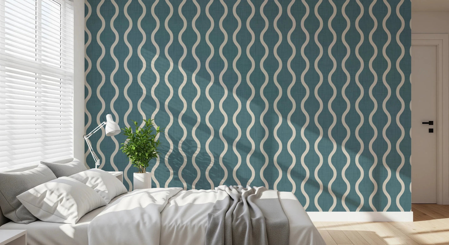 Bedroom featuring Craft Stripe Blue Grey Wallpaper with curved cream lines, GD8526