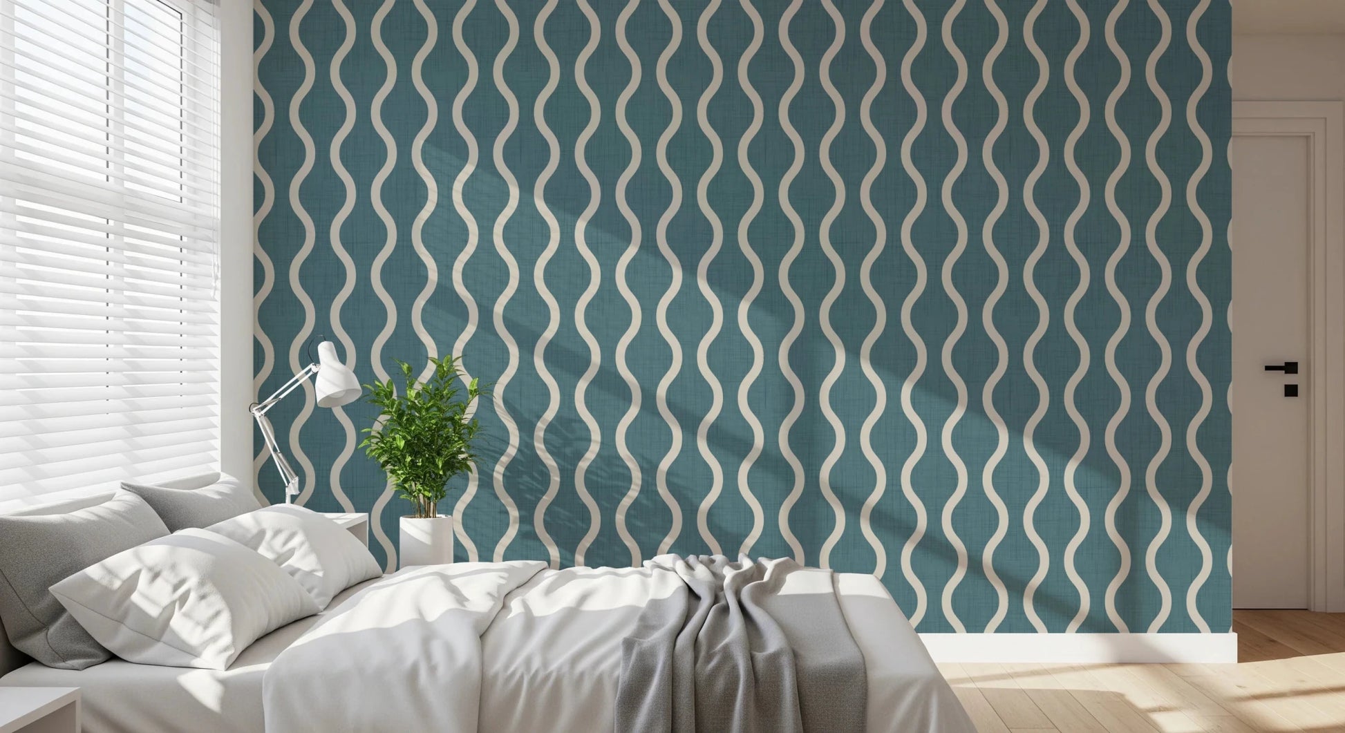Bedroom featuring Craft Stripe Blue Grey Wallpaper with curved cream lines, GD8526