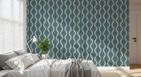 Bedroom featuring Craft Stripe Blue Grey Wallpaper with curved cream lines, GD8526