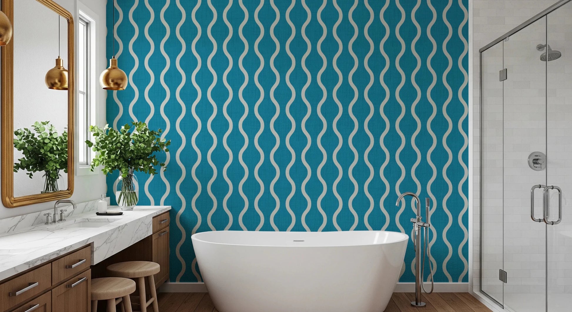 Scandinavian wave layout in Scandi Folk Wallpaper with teal background, GD8525