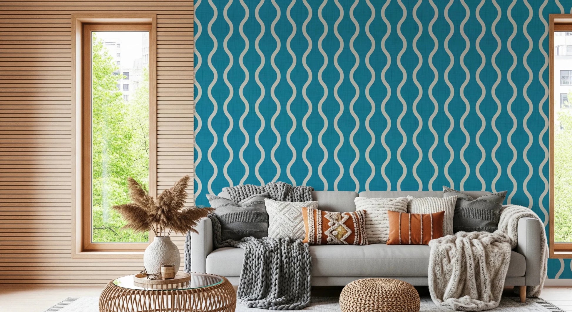 Flowing cream lines on Wavy Stripe Teal Wallpaper with subtle texture, GD8525