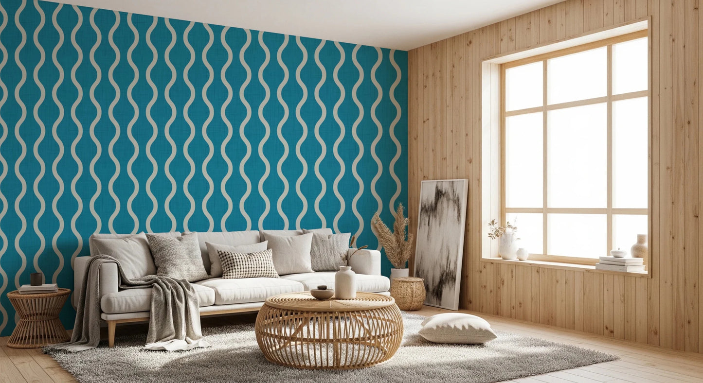 Curved cream bands on Wavy Stripe Wallpaper with teal textured base, GD8525